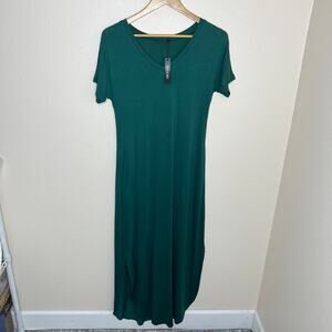 Huskary Deep Green Rayon Vneck Long Tshirt Dress Small